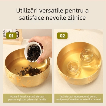 Tava de ceai din alamă pură pentru uz casnic, suport circular pentru ceai Kung Fu, tavă pentru infuzare uscată și spălarea ceaiului, stil național, lucrată manual