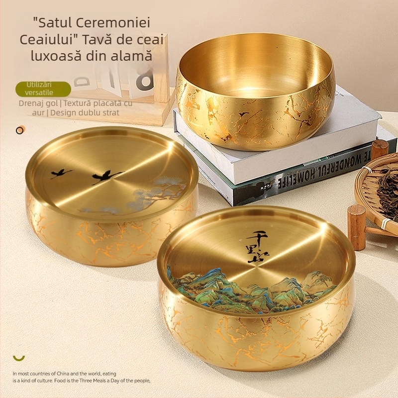 Tava de ceai din alamă pură pentru uz casnic, suport circular pentru ceai Kung Fu, tavă pentru infuzare uscată și spălarea ceaiului, stil național, lucrată manual