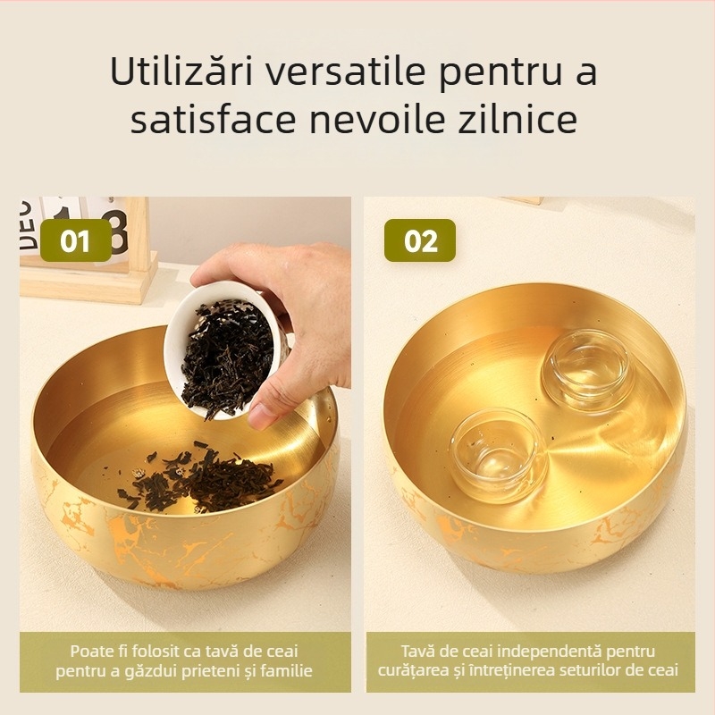 Tava de ceai din alamă pură pentru uz casnic, suport circular pentru ceai Kung Fu, tavă pentru infuzare uscată și spălarea ceaiului, stil național, lucrată manual