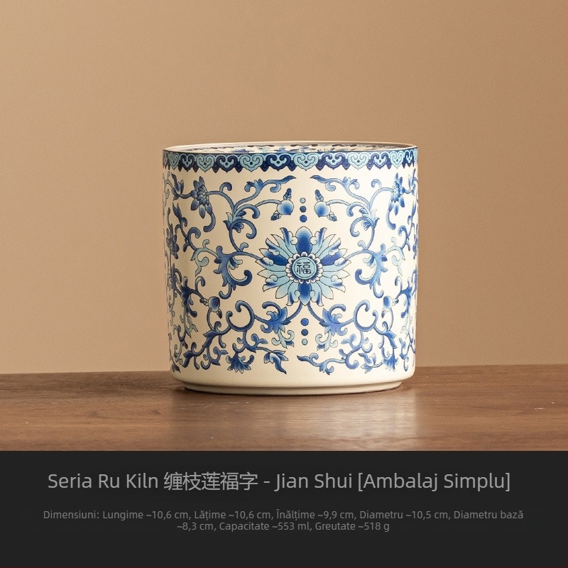 Accesorii ceramice pentru ceai cu motiv Ru Kiln Lotus Vine: cenușieră, vas de spălat ceai, borcan pentru resturi de ceai, accesorii pentru prepararea ceaiului
