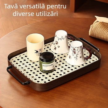 Tavă dreptunghiulară pentru ceai, culoare nuc, cu mânere duble și drenaj integrat, pentru uz casnic