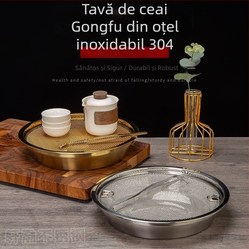 Tavă de ceai Kung Fu din oțel inoxidabil 304 pentru uz casnic și comercial, tavă de drenaj, platou rotund multifuncțional