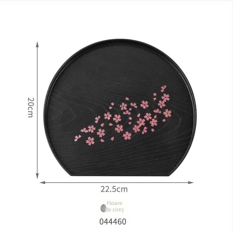 Tavă japoneză cu model sakura, din plastic, aspect lemn, negru – dreptunghiulară și rotundă, pentru ceai și fructe