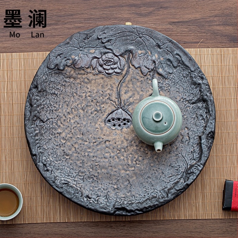 Tavă ceramică pentru ceai cu design ușor luxos, tavă de uscare a apei pentru uz casnic, pentru balcon și sufragerie, stil japonez minimalist, retro chinezesc pentru întâmpinarea oaspeților