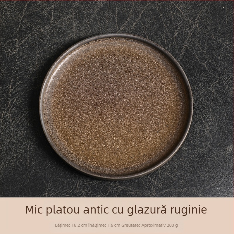 Farfurie din porțelan cu glazură ruginiu, rotundă, pentru fructe, gustări și ceai; stil retro, eleganță discretă