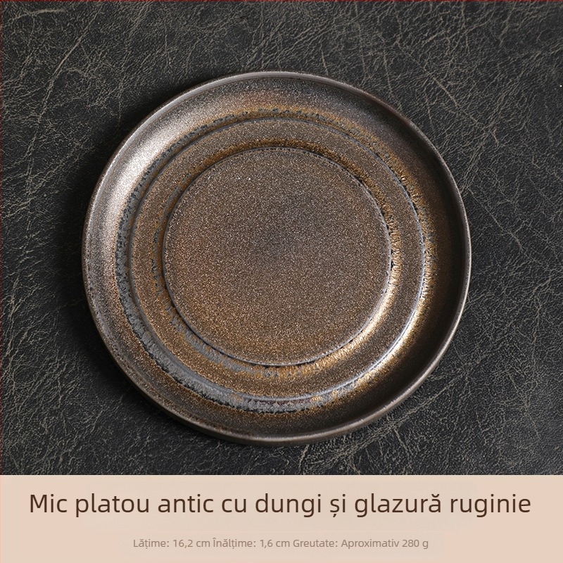 Farfurie din porțelan cu glazură ruginiu, rotundă, pentru fructe, gustări și ceai; stil retro, eleganță discretă