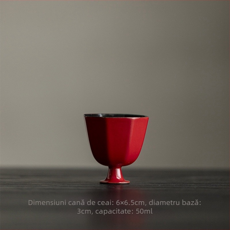 Ceșă de ceai în stil wabi-sabi, Gongfu, ceramică roșie, făcută manual, goblet mic cu picior