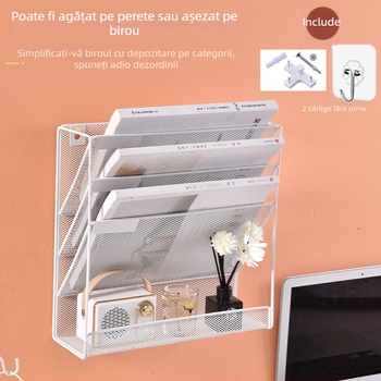 Raft metalic montat pe perete, patru niveluri, pentru fișiere și reviste