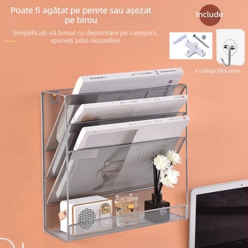Raft metalic montat pe perete, patru niveluri, pentru fișiere și reviste