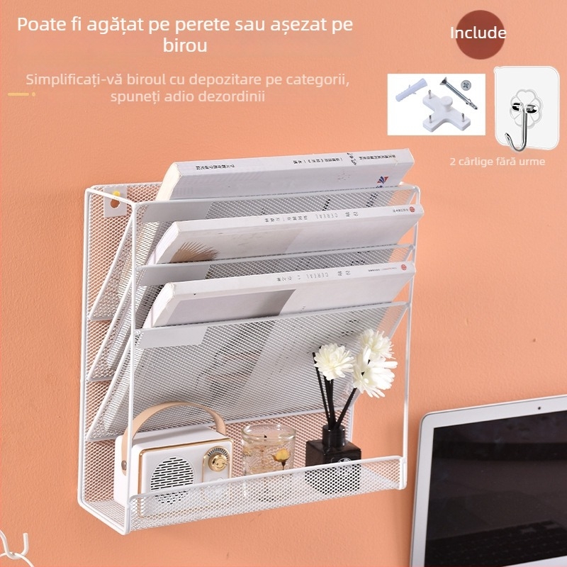 Raft metalic montat pe perete, patru niveluri, pentru fișiere și reviste