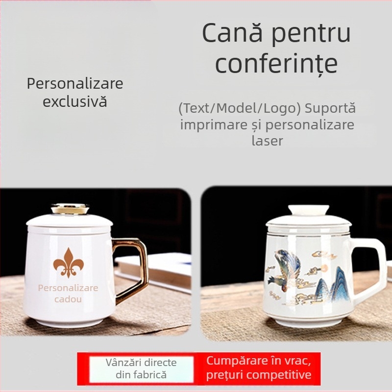 Set de cești ceramice pentru ceai, alb, cu filtru și margine aurie, pentru hoteluri și birouri