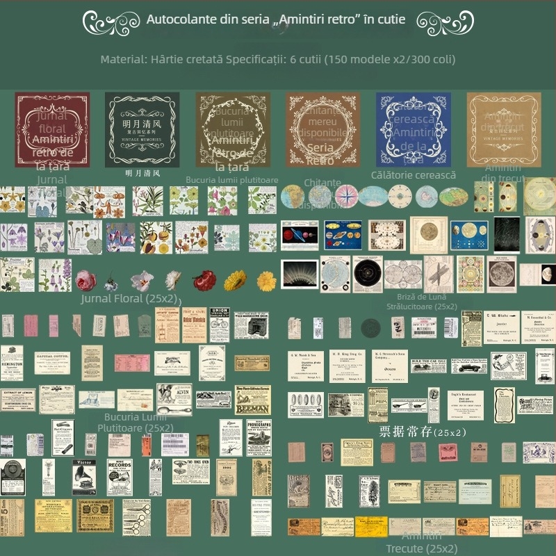 Set de autocolante într-o cutie, seria Time Note, 300 autocolante decorative pentru jurnal