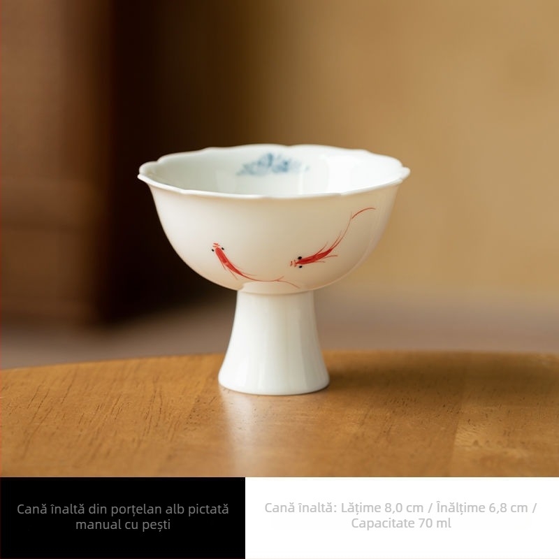 Ceșuță de ceai din porțelan alb, pictură manuală cu pești, decor sub glazură colorată, ceașcă ceramică cu picior înalt pentru ceai Gongfu