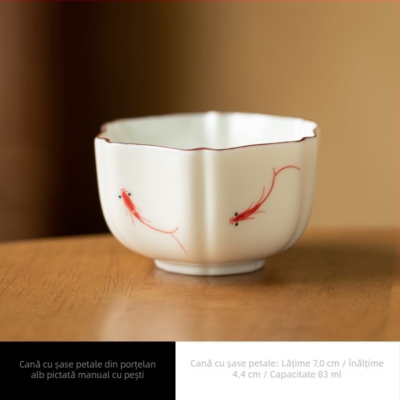 Ceșuță de ceai din porțelan alb, pictură manuală cu pești, decor sub glazură colorată, ceașcă ceramică cu picior înalt pentru ceai Gongfu