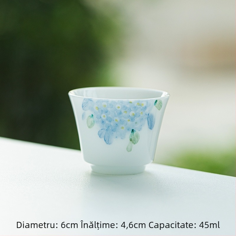 Ceșcuță de ceai pictată manual cu hortensia, porțelan alb de înaltă calitate, sub glazură colorată, formă de potcoavă, pentru uz casnic