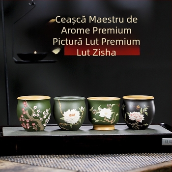 Ceșă de ceai Yixing din nisip mov, lucrată manual, cu motive florale parfumate: Plum Blossom, Chrysanthemum, Magnolia și Peony – ceașcă Kung Fu cu gură lată