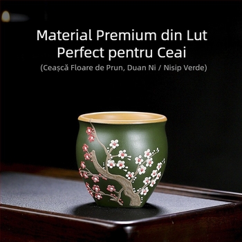 Ceșă de ceai Yixing din nisip mov, lucrată manual, cu motive florale parfumate: Plum Blossom, Chrysanthemum, Magnolia și Peony – ceașcă Kung Fu cu gură lată