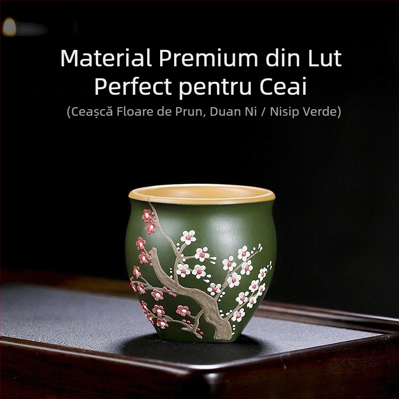 Ceșă de ceai Yixing din nisip mov, lucrată manual, cu motive florale parfumate: Plum Blossom, Chrysanthemum, Magnolia și Peony – ceașcă Kung Fu cu gură lată