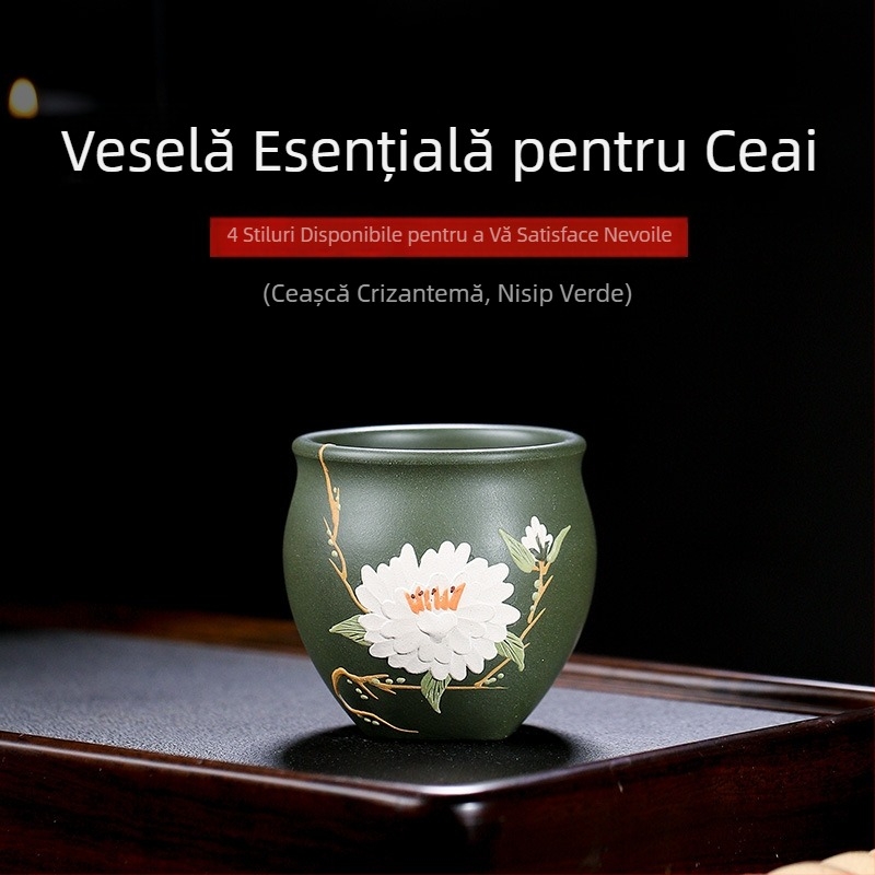 Ceșă de ceai Yixing din nisip mov, lucrată manual, cu motive florale parfumate: Plum Blossom, Chrysanthemum, Magnolia și Peony – ceașcă Kung Fu cu gură lată
