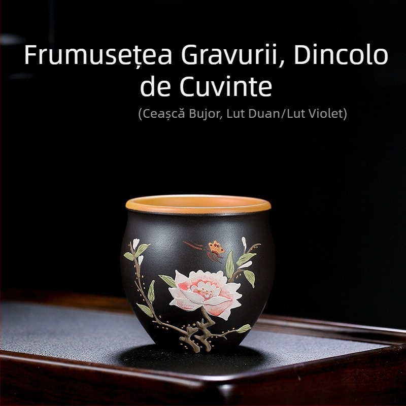 Ceșă de ceai Yixing din nisip mov, lucrată manual, cu motive florale parfumate: Plum Blossom, Chrysanthemum, Magnolia și Peony – ceașcă Kung Fu cu gură lată