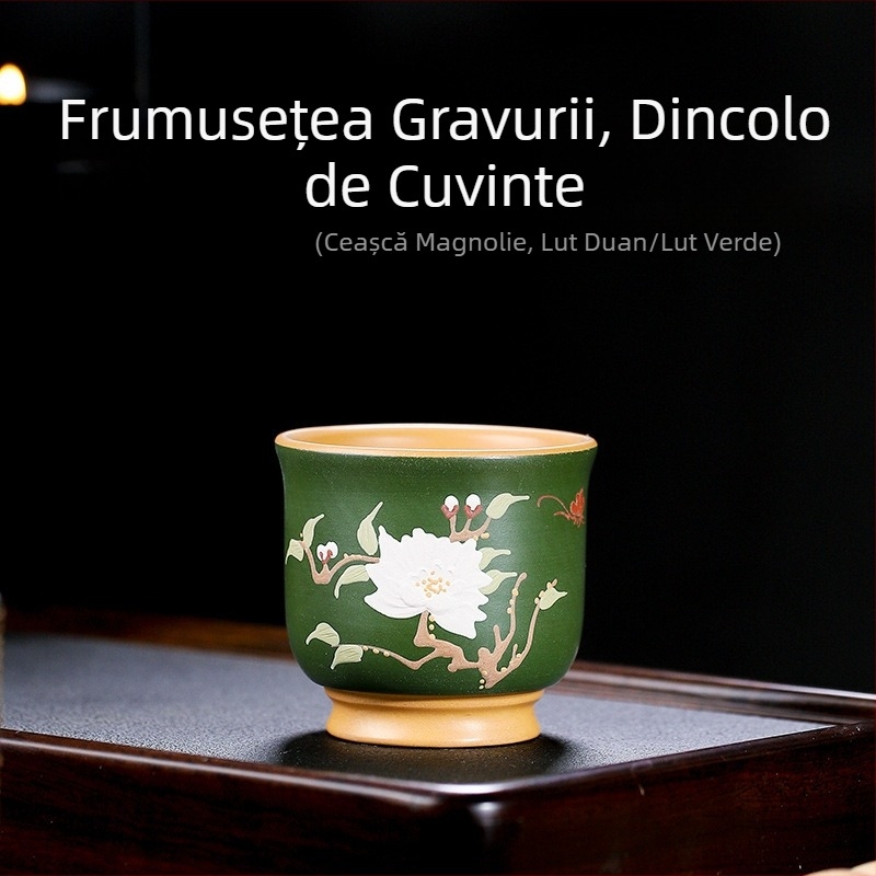Ceșă de ceai Yixing din nisip mov, lucrată manual, cu motive florale parfumate: Plum Blossom, Chrysanthemum, Magnolia și Peony – ceașcă Kung Fu cu gură lată