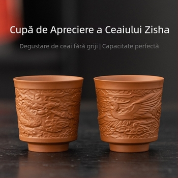 Ceașcă de ceai din lut mov pentru Gongfu – ceașcă ceramică, pereche Dragon și Phoenix, ceașcă mare pentru degustarea ceaiului
