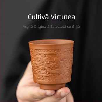 Ceașcă de ceai din lut mov pentru Gongfu – ceașcă ceramică, pereche Dragon și Phoenix, ceașcă mare pentru degustarea ceaiului