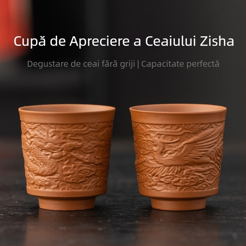 Ceașcă de ceai din lut mov pentru Gongfu – ceașcă ceramică, pereche Dragon și Phoenix, ceașcă mare pentru degustarea ceaiului