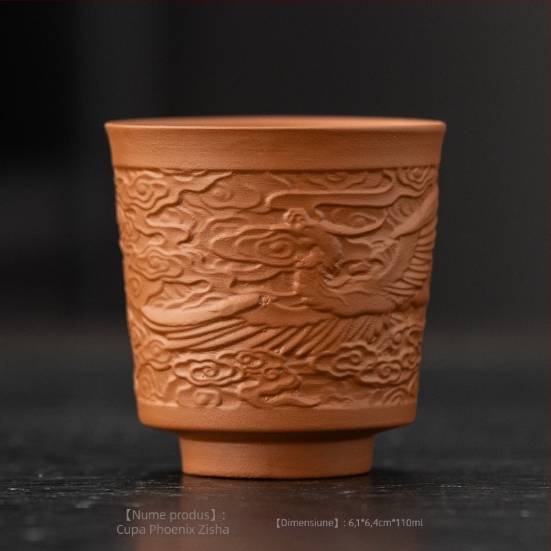 Ceașcă de ceai din lut mov pentru Gongfu – ceașcă ceramică, pereche Dragon și Phoenix, ceașcă mare pentru degustarea ceaiului