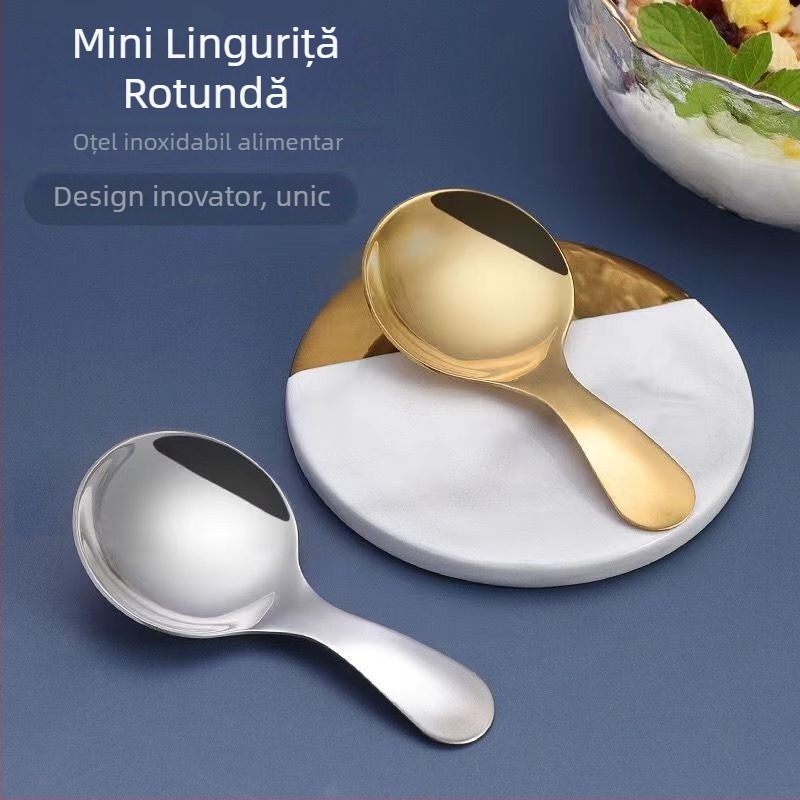 Lingură din oțel inoxidabil pentru copii, mâner scurt, lingură mică rotundă pentru pudră de lapte, lingură de desert cu cap rotund, lingură mică de bucătărie
