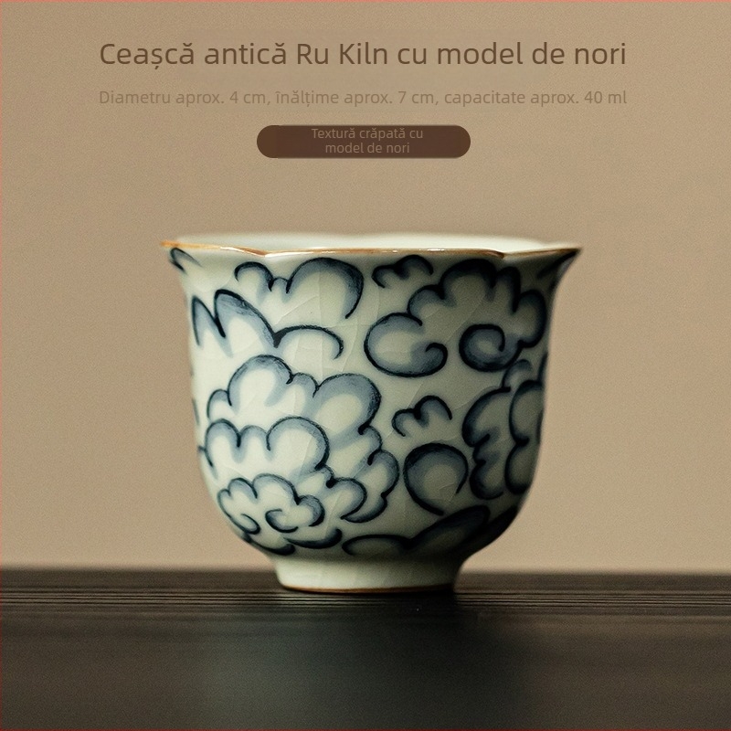 În stil antic, ceașcă de ceai ceramică Ru kiln cu margine florală, pentru uz casnic, ceașcă personală de ceai și degustare, glazură crăpată, potrivită pentru Gongfu, o singură ceașcă