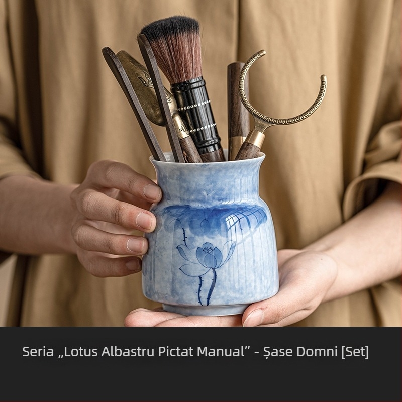 Set ceremonial de ceai cu lotus albastru, pictură manuală — Șase domni ai ceremoniei ceaiului, ustensile pentru prepararea ceaiului, clips pentru ceai, linguriță, tub și accesorii Kung Fu ceai