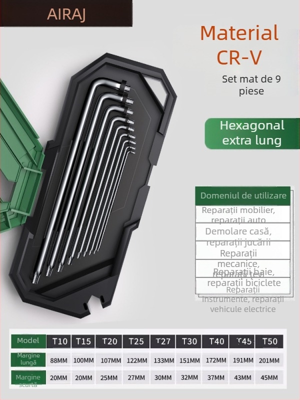 Set de chei hex Arrizo, finisaj mat, chei cu cap plat și cap sferic, Torx, lungime extinsă