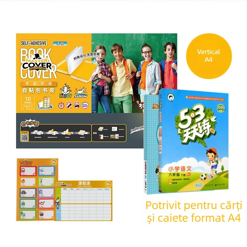 Husă de carte autoadezivă, set complet de 10 coli, impermeabilă, protecție translucidă mată pentru caiete primare