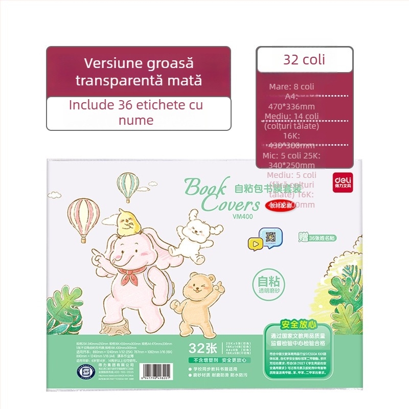 Set de huse autoadezive Deli pentru manuale, aspect mat, rezistente la apă (A4, 25K, 18K, 16K)