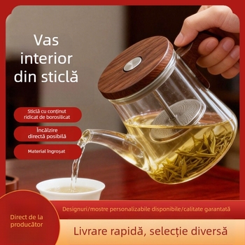 Ceainic din sticlă borosilikat de înaltă calitate, cu mâner din lemn, rezistent la căldură, pentru uz casnic, cu separare ceai-apă, ceainic pentru ceai de flori