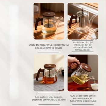 Ceainic din sticlă borosilikat de înaltă calitate, cu mâner din lemn, rezistent la căldură, pentru uz casnic, cu separare ceai-apă, ceainic pentru ceai de flori