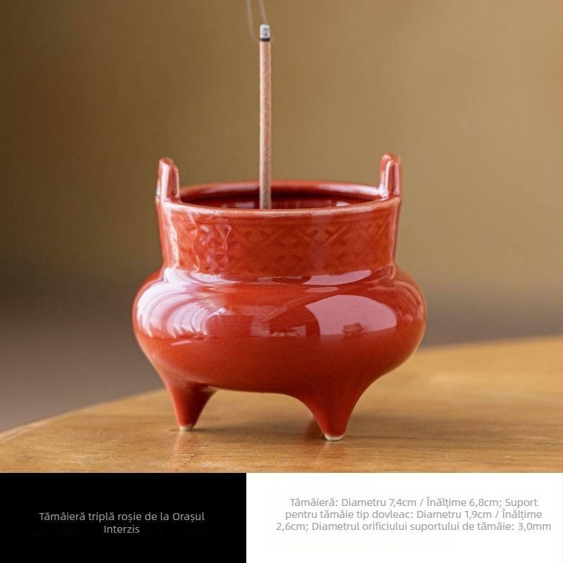 Tămâiere ceramică roșie, cu trei picioare, pentru interior, cameră de ceai în stil Zen