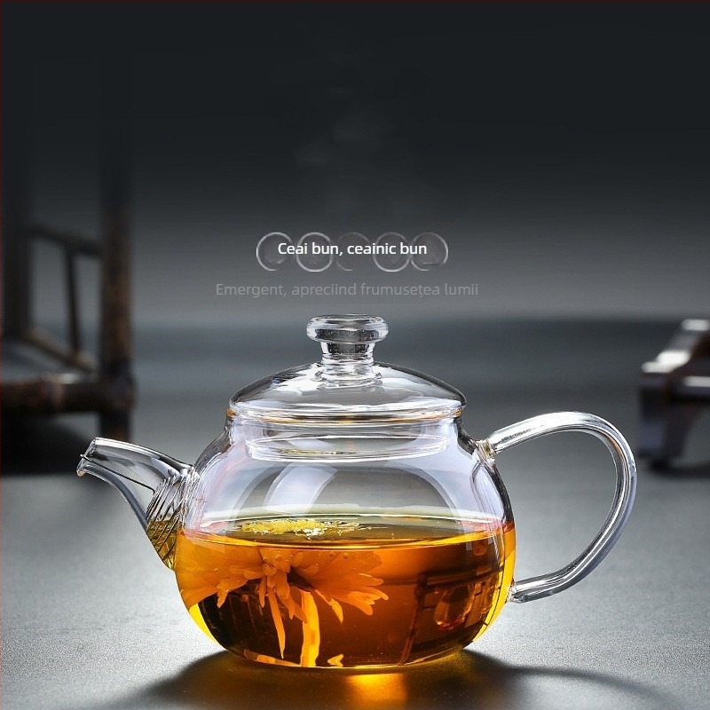 Ceainic din sticlă borosilicată, mic, pentru o porție, cu filtru, design simplu, set ceai