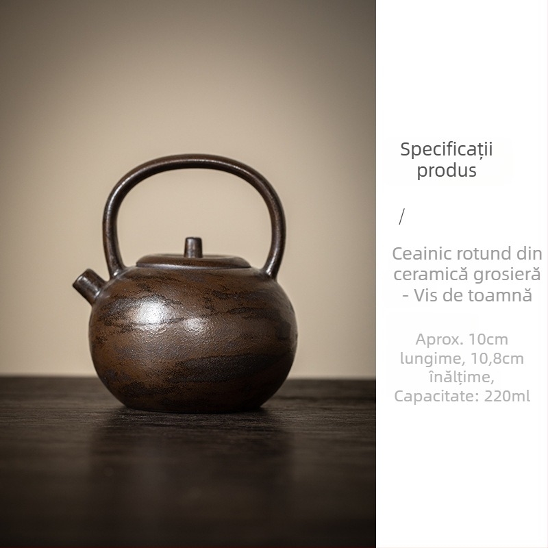 Ceainic ceramic lucrat manual, stil retro, formă de lună plină, mâner de ridicare, stil japonez minimalist, glazură pudră, pentru preparare Gongfu ceai acasă.