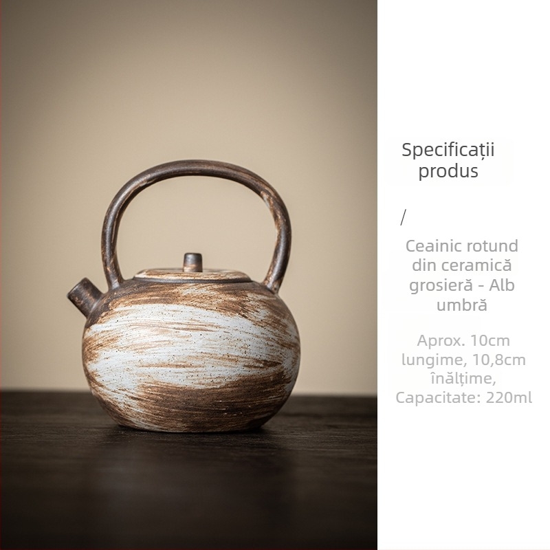 Ceainic ceramic lucrat manual, stil retro, formă de lună plină, mâner de ridicare, stil japonez minimalist, glazură pudră, pentru preparare Gongfu ceai acasă.