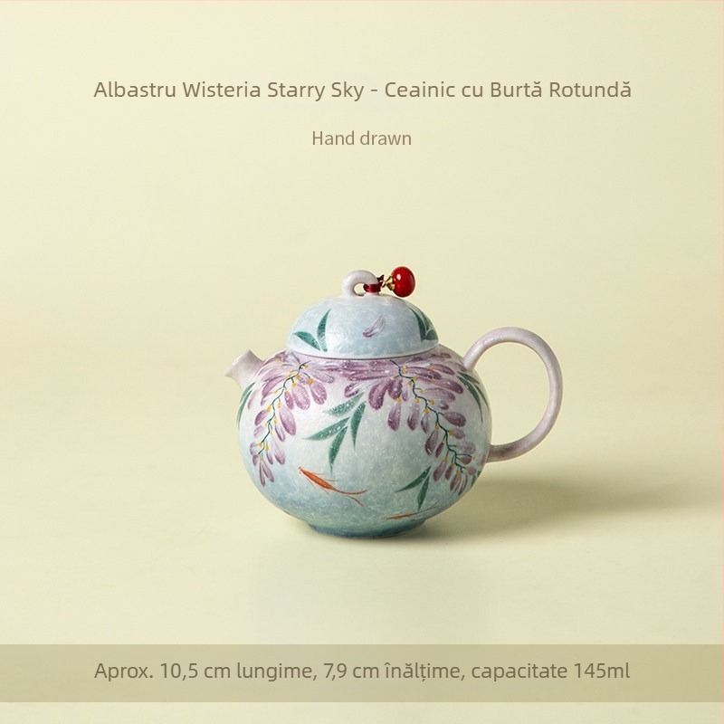 Ceainic ceramic în nuanțe albastru liliac cu cer înstelat, mâner rece la atingere, pentru uz casnic, set cadou cu un ceainic și două căni