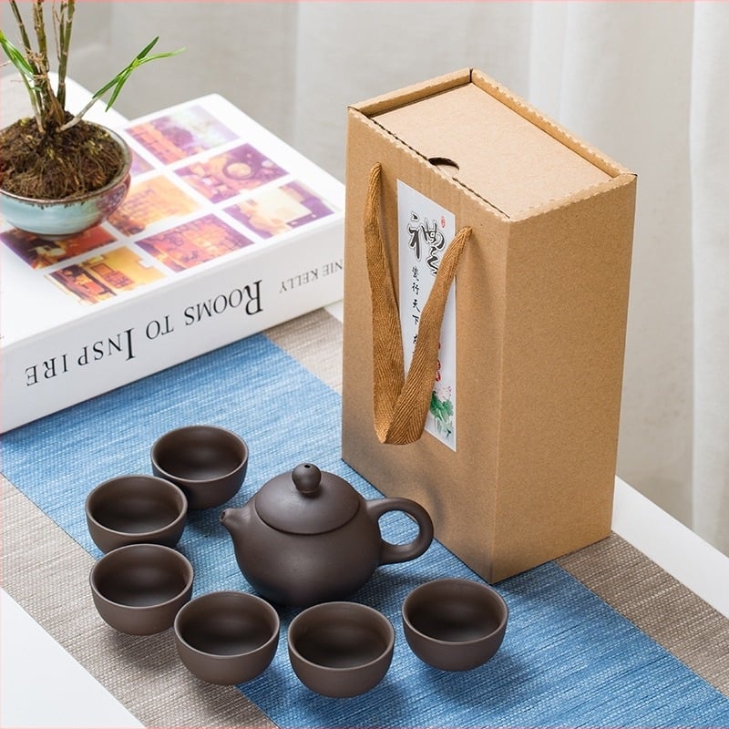 Set Kung Fu ceai Dehua Purple-Sand cu cutie din piele, stil minimalist, ceainic cu patru cești