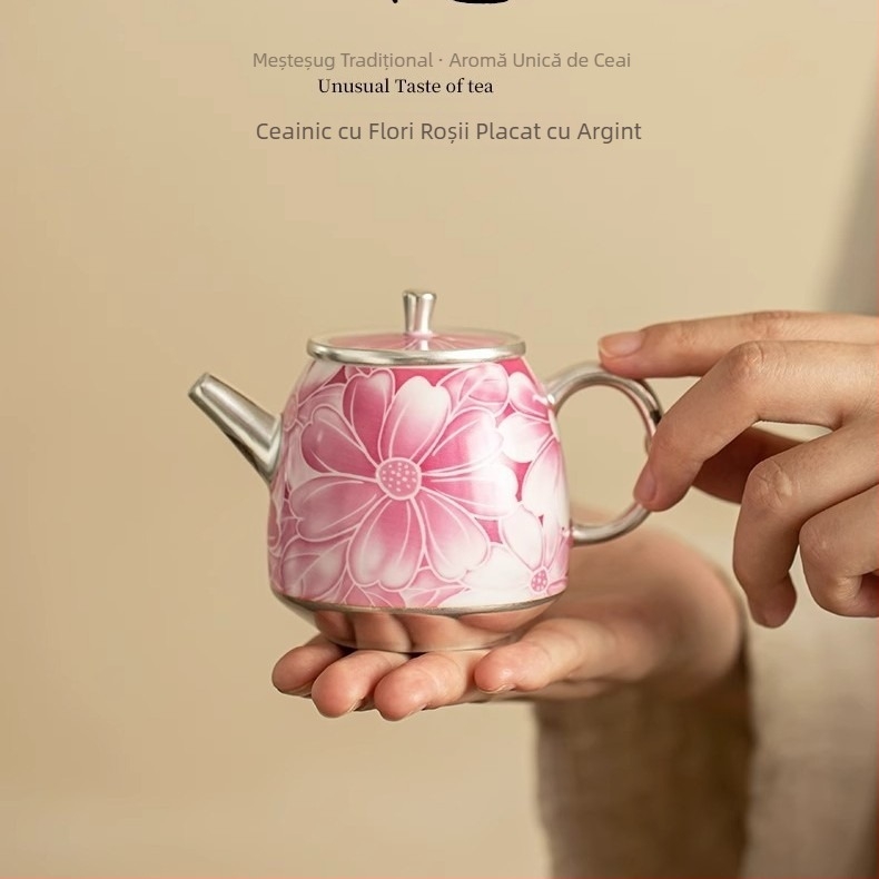 Ceainic ceramic lucrat manual, finisaj argintiu placat cu carmin roșu și motiv floral, mic ceainic pentru uz casnic, set Kung Fu de ceai