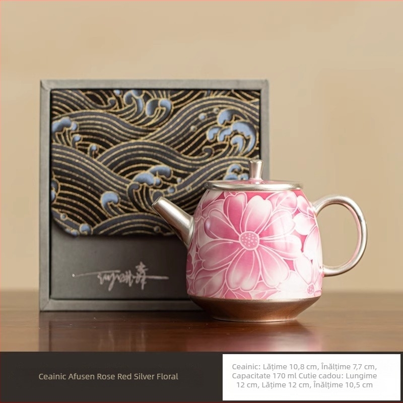 Ceainic ceramic lucrat manual, finisaj argintiu placat cu carmin roșu și motiv floral, mic ceainic pentru uz casnic, set Kung Fu de ceai