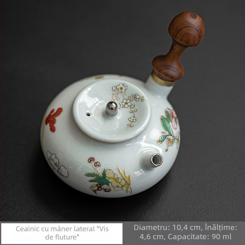 Ceainic ceramic mic cu mâner lateral din lemn, pictat manual, set Gongfu pentru ceai, stil vintage, suport pentru ceai