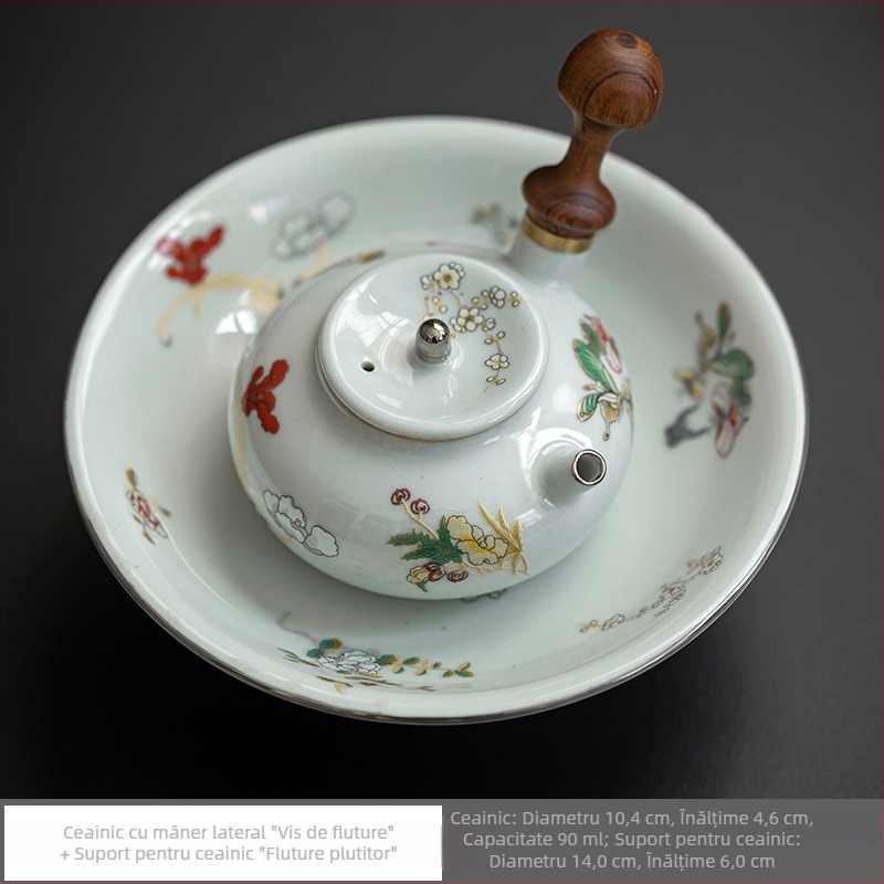 Ceainic ceramic mic cu mâner lateral din lemn, pictat manual, set Gongfu pentru ceai, stil vintage, suport pentru ceai