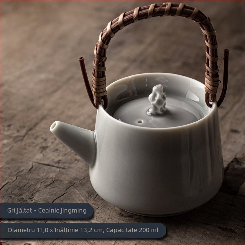 Ceainic ceramic cu mâner, glazură gri înghețată, design modern minimalist pentru ceai Gongfu acasă, cu filtru.