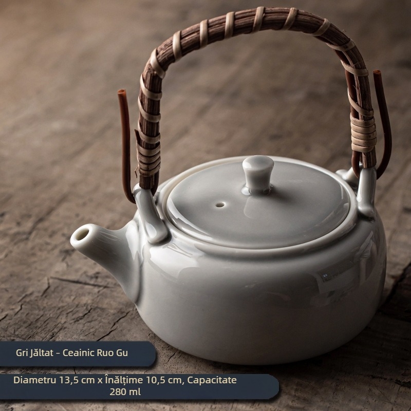 Ceainic ceramic cu mâner, glazură gri înghețată, design modern minimalist pentru ceai Gongfu acasă, cu filtru.