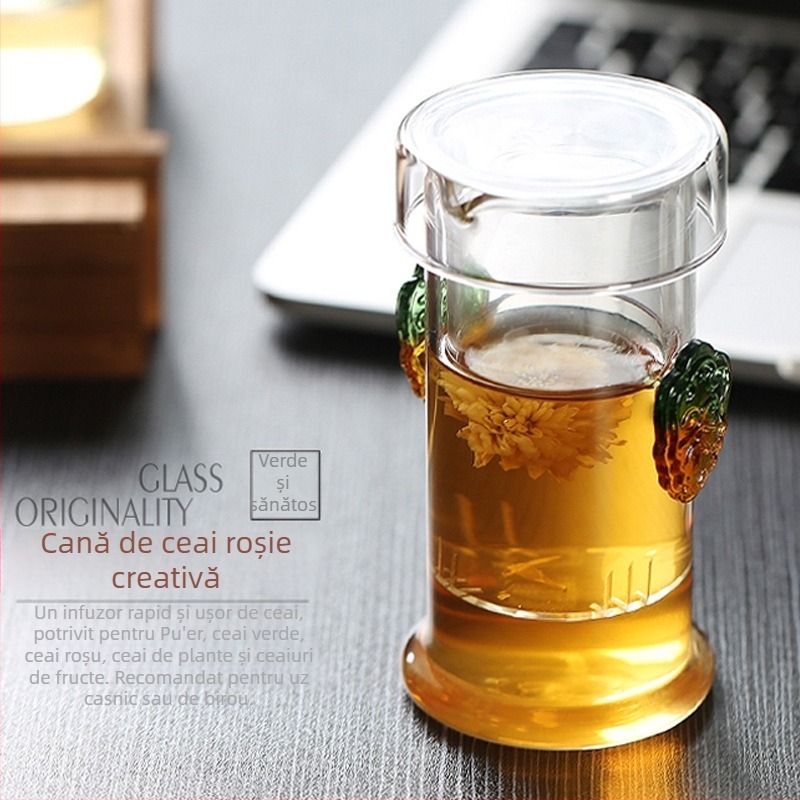 Ceainic din sticlă pentru Pu'er cu filtru și separare ceai-apă, set de ceai cu căni roșii cu două mâneri, pentru uz casnic